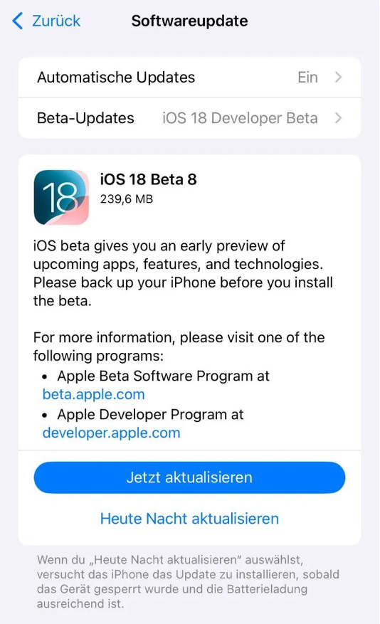 南票苹果手机维修分享苹果 iOS / iPadOS 18 开发者预览版 Beta 8 发布 